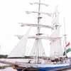 Tàu buồm huấn luyện INS Sudarshini dài 54 mét với 20 cánh buồm. (Ảnh: Xuân Khu/TTXVN)