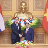 Thủ tướng Phạm Minh Chính và Thủ tướng Hà Lan Mark Rutte tại buổi hội đàm. (Ảnh: Dương Giang/TTXVN)