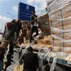 Bốc dỡ hàng viện trợ cho người dân Gaza tại khu vực cửa khẩu Rafah ngày 2/11/2023. (Ảnh: THX/TTXVN)