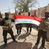Lực lượng dân quân dòng Shiite giơ cao quốc kỳ Iraq sau khi giành lại quyền kiểm soát thành phố Baiji từ IS ngày 7/6. (Ảnh: AFP/TTXVN)