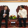 Tổng Giám đốc TTXVN Nguyễn Đức Lợi cùng Ủy viên Bộ Chính trị, Phó Thủ tướng Chính phủ Lào Phankham Viphavan. (Ảnh: Phạm Kiên/TTXVN)