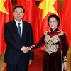 Chủ tịch Quốc hội Nguyễn Thị Kim Ngân đón tiếp Ủy viên trưởng Nhân đại Trung Quốc Trương Đức Giang. (Ảnh: Trọng Đức/TTXVN)
