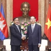 Chủ tịch nước Trần Đại Quang tiếp Bộ trưởng Cao cấp, Bộ trưởng Ngoại giao và Hợp tác quốc tế Campuchia Prak Sokhonn. (Ảnh: Lâm Khánh/TTXVN)