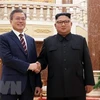 Tổng thống Hàn Quốc Moon Jae-in (trái) và nhà lãnh đạo Triều Tiên Kim Jong-un tại cuộc hặp ở Bình Nhưỡng ngày 18/9/2018. Ảnh: (Nguồn: Yonhap/TTXVN)