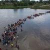 Người di cư băng qua sông Suchiate để tới Mexico, trong hành trình tới Mỹ, ngày 2/11/2018. (Ảnh: AFP/TTXVN)