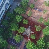 Toàn cảnh sân trường Lương Thế Vinh sau khi lá cờ được hoàn thành. (Ảnh: Phan Hải Tùng Lâm/Vietnam+) 