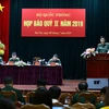 Thiếu tướng Nguyễn Văn Đức, Cục trưởng Cục Tuyên huấn - Tổng cục Chính trị QĐND Việt Nam chủ trì họp báo. (Ảnh: Dương Giang/TTXVN) 
