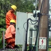 Công nhân Công ty Điện lực Hà Tĩnh khắc phục sự cố lưới điện sau bão số 4. (Ảnh: Công Tường/TTXVN)