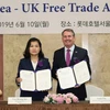 Lễ ký FTA giữa Anh và Hàn Quốc hồi năm 2019. (Ảnh: AFP/Yonhap)