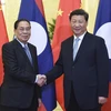 Chủ tịch Trung Quốc Tập Cận Bình bắt tay Tổng Bí thư, Chủ tịch nước Lào Choummaly Sayasone tại Bắc Kinh ngày 31/8. (Ảnh: THX)