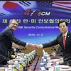 Bộ trưởng Quốc phòng Han Min-koo và người đồng cấp Mỹ Ashton Carter đồng chủ trì hội nghị. (Ảnh: AFP)