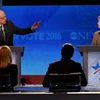 Ông Bernie Sanders (trái) và Hillary Clinton trong cuộc tranh luận lần thứ 3 của các ứng cử viên Đảng Dân chủ tham gia tranh cử Tổng thống Mỹ năm 2016. (Ảnh: AFP/TTXVN)