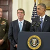 (Từ phải qua trái) Tổng thống Mỹ Barack Obama, Bộ trưởng Quốc phòng Ashton Carter và Chủ tịch Hội đồng Tham mưu trưởng Liên quân Joseph Dunford. (Ảnh: AP)