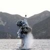 Một vụ phóng thử tên lửa đạn đạo chiến lược từ tàu ngầm ở một địa điểm bí mật của Triều Tiên ngày 23/4/2016. (Ảnh: AFP/TTXVN)