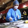 Nhân viên y tế Trung Quốc lấy mẫu kiểm tra virus SARS-CoV-2 trên sản phẩm hải sản đông lạnh nhập khẩu. (Nguồn: Reuters)