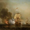 Bức tranh miêu tả trận chiến giữa đoàn tàu chở kho báu của Tây Ban Nha với tàu chiến của Anh. (Ảnh: Samuel Scott)
