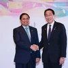 Thủ tướng Phạm Minh Chính hội đàm với Thủ tướng Nhật Bản Kishida Fumio tại Hiroshima, Nhật Bản, chiều 21/5/2023. (Ảnh: Dương Giang/TTXVN)
