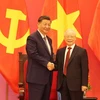 Tổng Bí thư Nguyễn Phú Trọng và Tổng Bí thư, Chủ tịch nước Trung Quốc Tập Cận Bình tại buổi gặp gỡ. (Ảnh: Trí Dũng/TTXVN)
