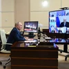 Tổng thống Nga Vladimir Putin chủ trì cuộc họp Hội đồng An ninh theo hình thức trực tuyến sau vụ tấn công tại Moskva ngày 22/3/2024. (Ảnh: AFP/TTXVN)