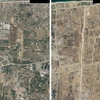 Hình ảnh so sánh về hành lang Netzarim mà Israel thiết lập tại Dải Gaza ngày 15/10/2023 (ảnh trái) và ngày 4/4/2024 (ảnh phải). (Nguồn: Planet Labs)
