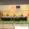 Quang cảnh Họp báo kết thúc hội nghị AEM Retreat-22 và Hội nghị Tham vấn Bộ trưởng Kinh tế ASEAN-Ủy viên Thương mại Liên minh châu Âu. (Ảnh: Sơn Nam-Quang Thuận/TTXVN)
