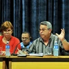 Ủy viên Bộ Chính trị, Tổng thư ký Liên đoàn Lao động Cuba Ulises Guilarte de Nacimiento điều hành phiên họp. (Ảnh: Lê Hà/TTXVN) 