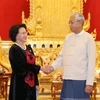 Chủ tịch Quốc hội Nguyễn Thị Kim Ngân đến chào Tổng thống Cộng hòa Liên bang Myanmar Htin Kyaw. (Ảnh: Trọng Đức/TTXVN)