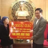 Phó Thủ tướng Chính phủ Phạm Bình Minh trao tặng thân nhân liệt sỹ Trần Văn Ích 100 triệu đồng xây dựng nhà tình nghĩa. (Ảnh: Nguyễn Lành/TTXVN)
