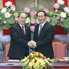 Chủ tịch nước Trần Đại Quang và Chủ tịch Ủy ban Trung ương Mặt trận Tổ quốc Việt Nam Nguyễn Thiện Nhân tại Hội nghị. (Ảnh: Nhan Sáng/TTXVN)