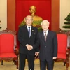 Tổng Bí thư Nguyễn Phú Trọng tiếp Chủ tịch Quốc hội nước Cộng hòa Liên bang Myanmar Mahn Win Khaing Than thăm chính thức Việt Nam. (Ảnh: Trí Dũng/TTXVN)