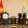 Tổng Bí thư Nguyễn Phú Trọng tiếp Chủ tịch Đảng Đoàn kết và Phát triển Liên bang Myanmar (USDP) Than Htay. (Ảnh: Trí Dũng/TTXVN)