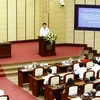 Chủ tịch UBND thành phố Hà Nội Nguyễn Đức Chung phát biểu tại hội nghị. (Ảnh: An Đăng/TTXVN)