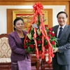 Bà Sounthone Sayachac trao hoa chúc mừng Quốc khánh cho Đại sứ Nguyễn Bá Hùng. (Ảnh: Phạm Kiên/Vietnam+)