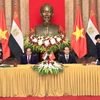 Chủ tịch nước Trần Đại Quang và Tổng thống Ai Cập Abdel Fattah el-Sisi chứng kiến Lễ ký kết các văn kiện hợp tác giữa hai nước. (Ảnh: Nhan Sáng/TTXVN)