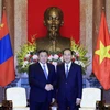 Chủ tịch nước Trần Đại Quang tiếp Chủ tịch Quốc hội Mông Cổ Miyegombo Enkhbold đang thăm chính thức Việt Nam. (Ảnh: Nhan Sáng/TTXVN)