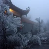 Băng giá phủ trắng trên đỉnh Fansipan vào sáng 7/4. (Ảnh: Quốc Khánh/TTXVN)