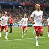 Niềm vui của các cầu thủ Đan Mạch sau khi có bàn thắng mở tỷ số vào lưới đội tuyển Croatia trong trận đấu ở vòng loại trực tiếp Giải bóng đá World Cup 2018 diễn ra tại Nizhny Novgorod, Nga, ngày 1/7. (Ảnh: THX/TTXVN)