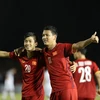 Phan Văn Đức nâng tỷ số cho đội tuyển Việt Nam lên 2-1 vào đầu hiệp 2 trận lượt đi Philippines và Việt Nam. (Ảnh: Hoàng Linh/TTXVN)