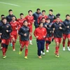 Các cầu thủ đội tuyển Việt Nam khởi động trước buổi tập. (Ảnh: Trọng Đạt/TTXVN)