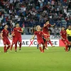 Niềm vui chiến thắng của các tuyển thủ Việt Nam trong trận đấu gặp tuyển Jordan tại Dubai, Các tiểu vương quốc Arab Thống nhất ngày 20/1/2019. (Ảnh: AFP/TTXVN)