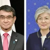 Ngoại trưởng Hàn Quốc Kang Kyung-wha (phải) và người đồng cấp Nhật Bản Taro Kono. (Nguồn: Kyodo)