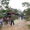16 nhà dân tốc mái, 3 cột điện đổ sập trong trận lốc xoáy tại xã Châu Thuận, huyện Quỳ Châu, tỉnh Nghệ An. (Ảnh: TTXVN)
