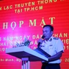 Chuẩn Đô đốc Phạm Văn Quang, Phó Chủ nhiệm Chính trị Hải quân, Bộ Tư lệnh Quân chủng Hải quân phát biểu tại buổi họp mặt. (Ảnh: Thành Chung/TTXVN)