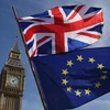 Quốc kỳ Anh (phía trên) và cờ Liên minh châu Âu (EU) phía dưới bên ngoài tòa nhà Quốc hội Anh ở London. (Ảnh: AFP/TTXVN)