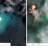 Hình ảnh vệ tinh cho thấy núi lửa đã nhấn chìm một hòn đảo và tạo ra một hòn đảo khác. (Nguồn: GeoNet)