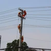 Nhân viên điện lực Tây Ninh tiến hành sửa chữa, thay thế dây trung áp và ngầm hóa hệ thống điện tại trung tâm thành phố Tây Ninh. (Ảnh: Thanh Tân/TTXVN)