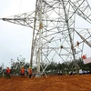 Công nhân Công ty cổ phần Sông Đà 11 thi công lắp đặt thiết bị cột vị trí 158 trên địa bàn huyện Lệ Thủy, tỉnh Quảng Bình. (Ảnh: Ngọc Hà/TTXVN)