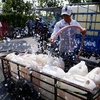 Người dân trên địa bàn xã Thanh Hòa, thị xã Cai Lậy (Tiền Giang) lấy nước ngọt miễn phí tại điểm cung cấp nước ngọt cầu Ông Thiệm. (Ảnh: TTXVN)