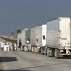 Xe tải xếp hàng tại tuyến đường dẫn tới cửa khẩu biên giới Mỹ - Mexico ở Tijuana, bang Baja California, Mexico, ngày 20/3/2020. (Ảnh: AFP/TTXVN)