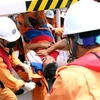 Lực lượng cứu hộ đưa thuyền viên về bờ. (Ảnh: Trần Hoàng Ngọc/TTXVN)